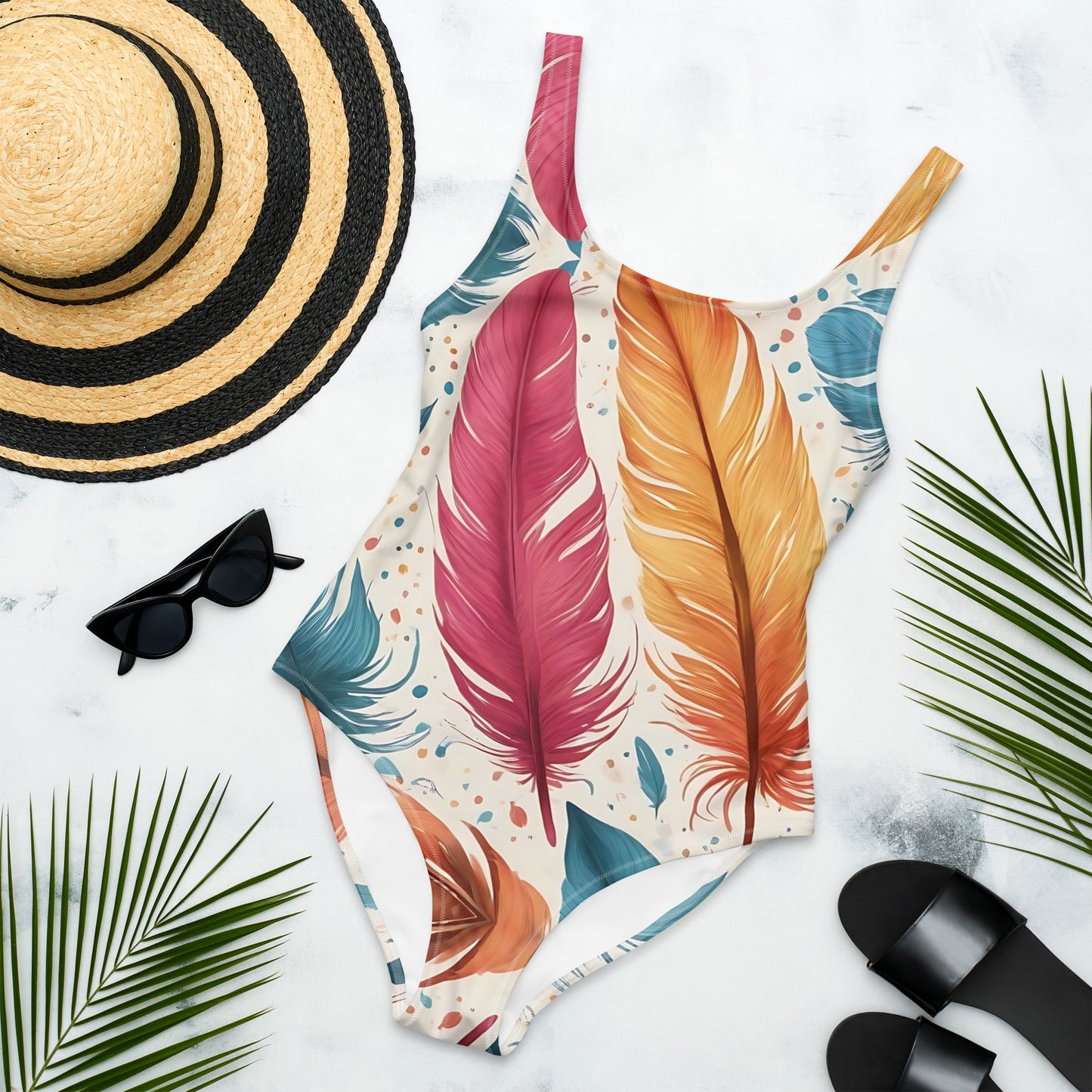Feathers on White 1PC Swimsuit