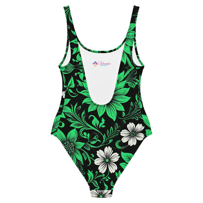 Green on Black Floral 1PC Swimsuit