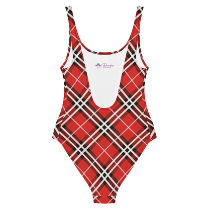 Red Plaid with White Stripes 1PC Swimsuit