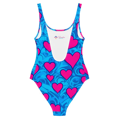 Pink Hearts on Blue 1PC Swimsuit