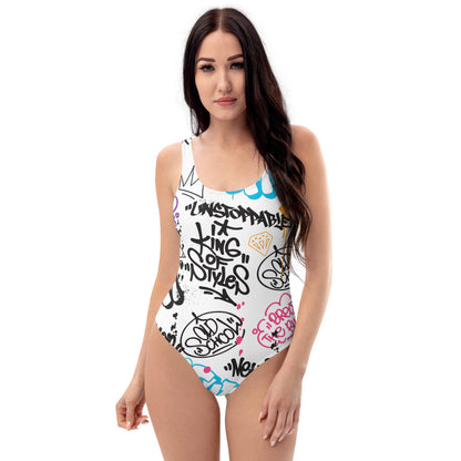 White Graffiti Art  1PC Swimsuit