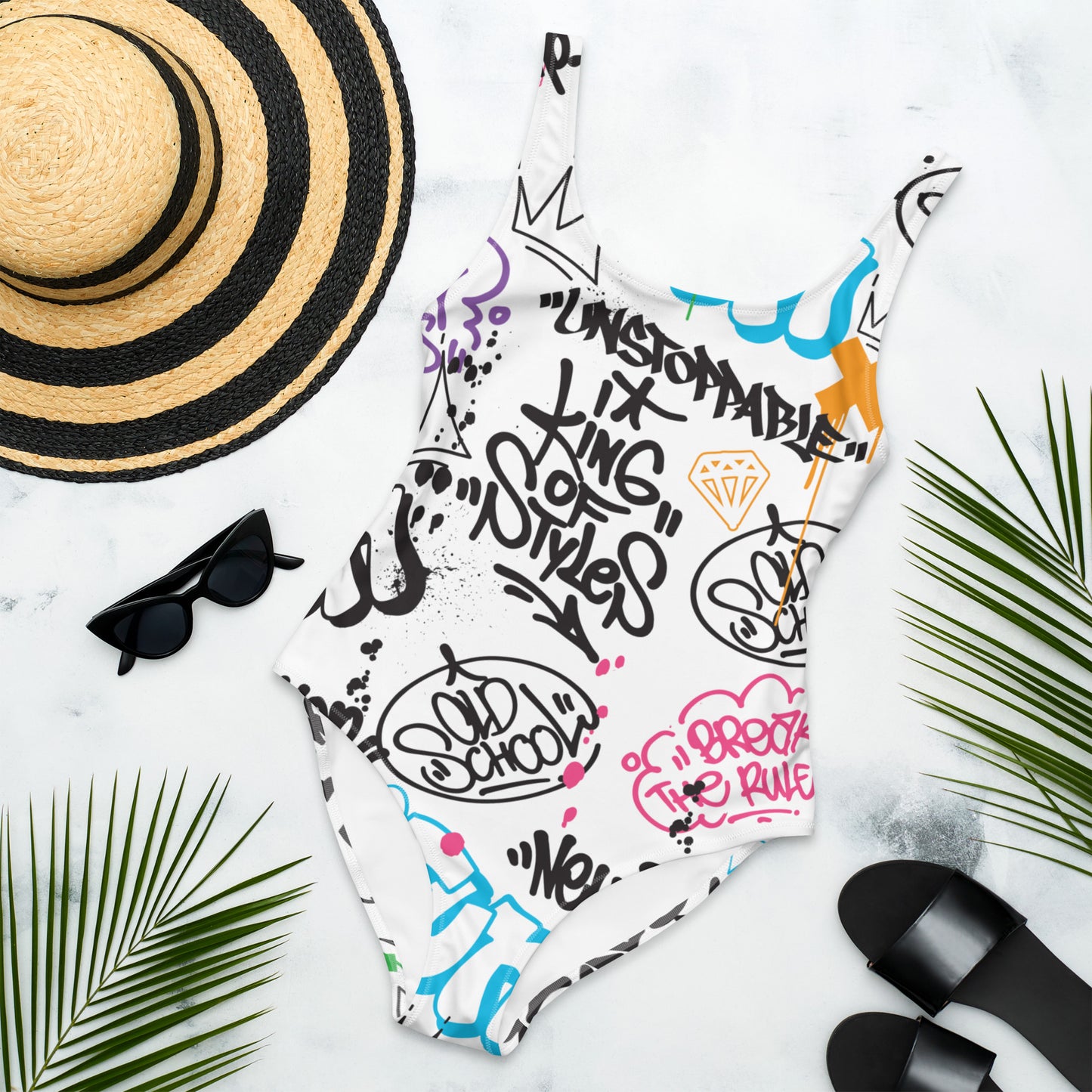 White Graffiti Art  1PC Swimsuit