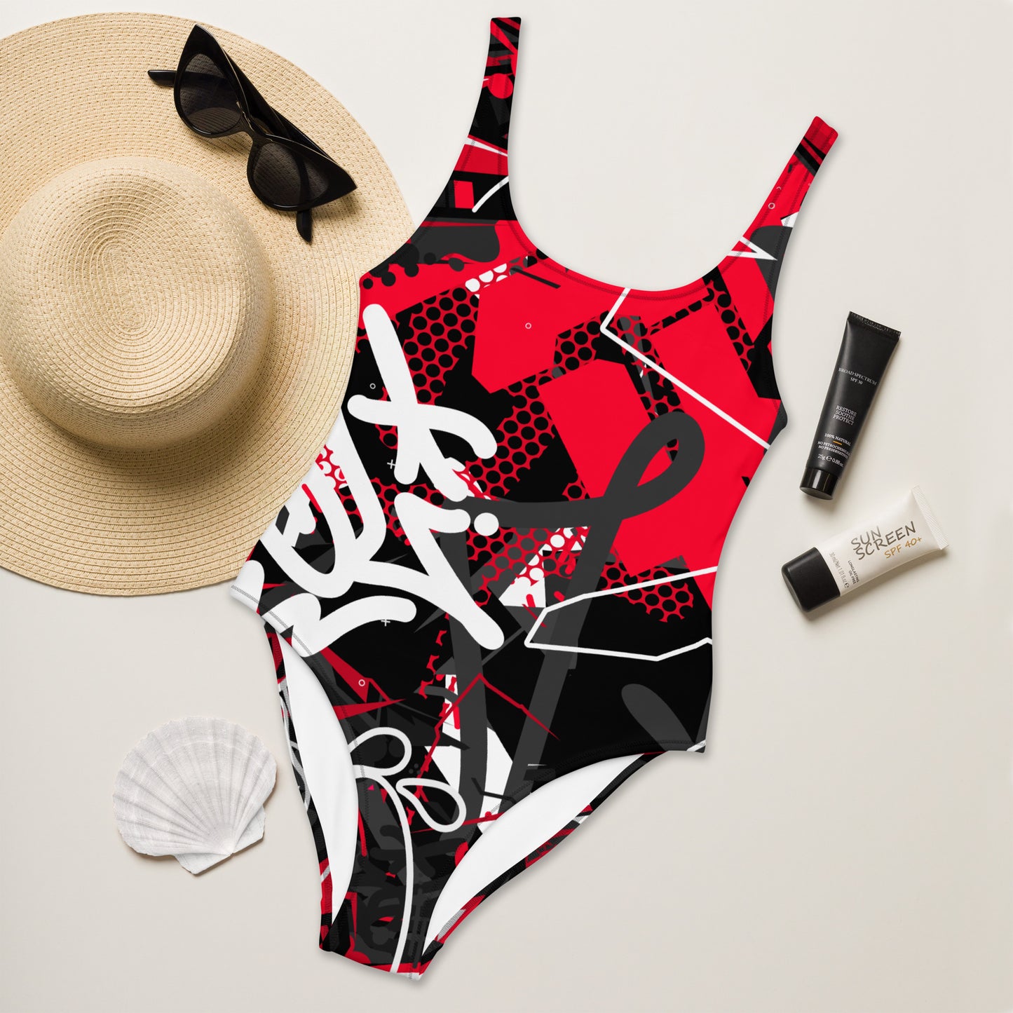 Black and Red Graffiti Art 1PC Swimsuit