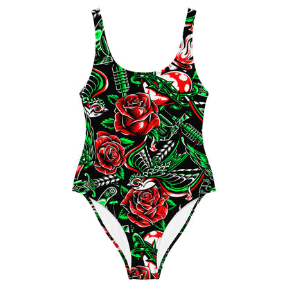 Rose and Bird Floral 1PC Swimsuit