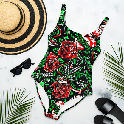 Rose and Bird Floral 1PC Swimsuit