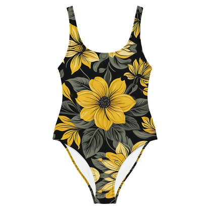 Black and Yellow Floral 1PC Swimsuit