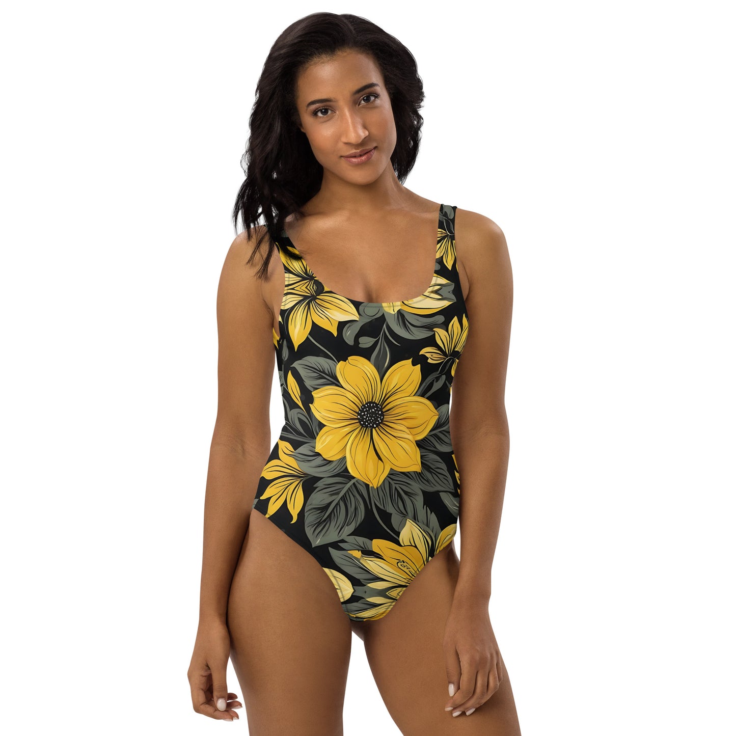 Black and Yellow Floral 1PC Swimsuit