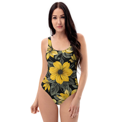 Black and Yellow Floral 1PC Swimsuit