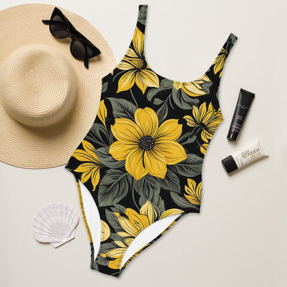 Black and Yellow Floral 1PC Swimsuit