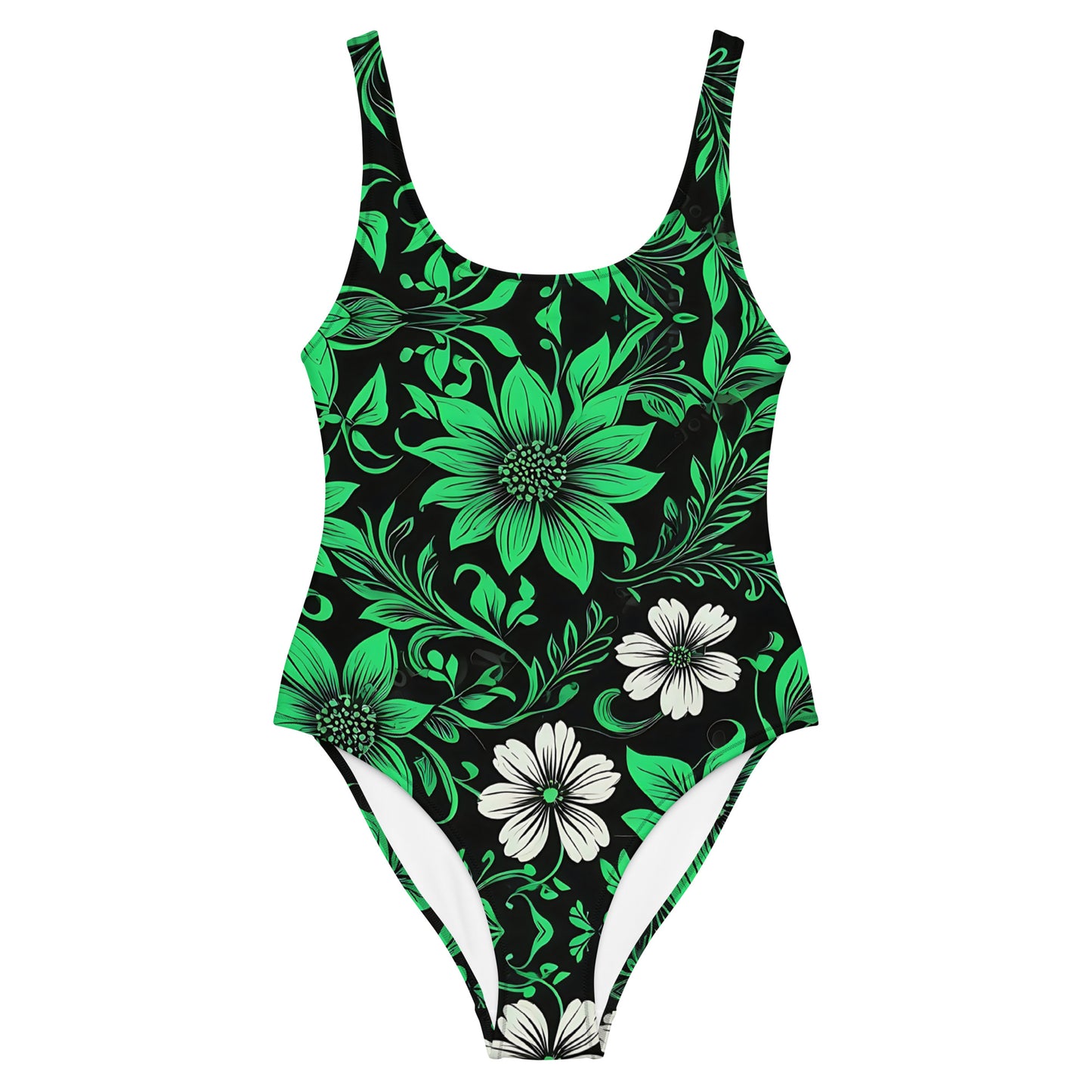 Green on Black Floral 1PC Swimsuit