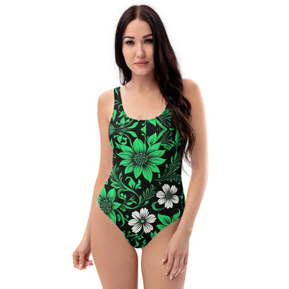 Green on Black Floral 1PC Swimsuit