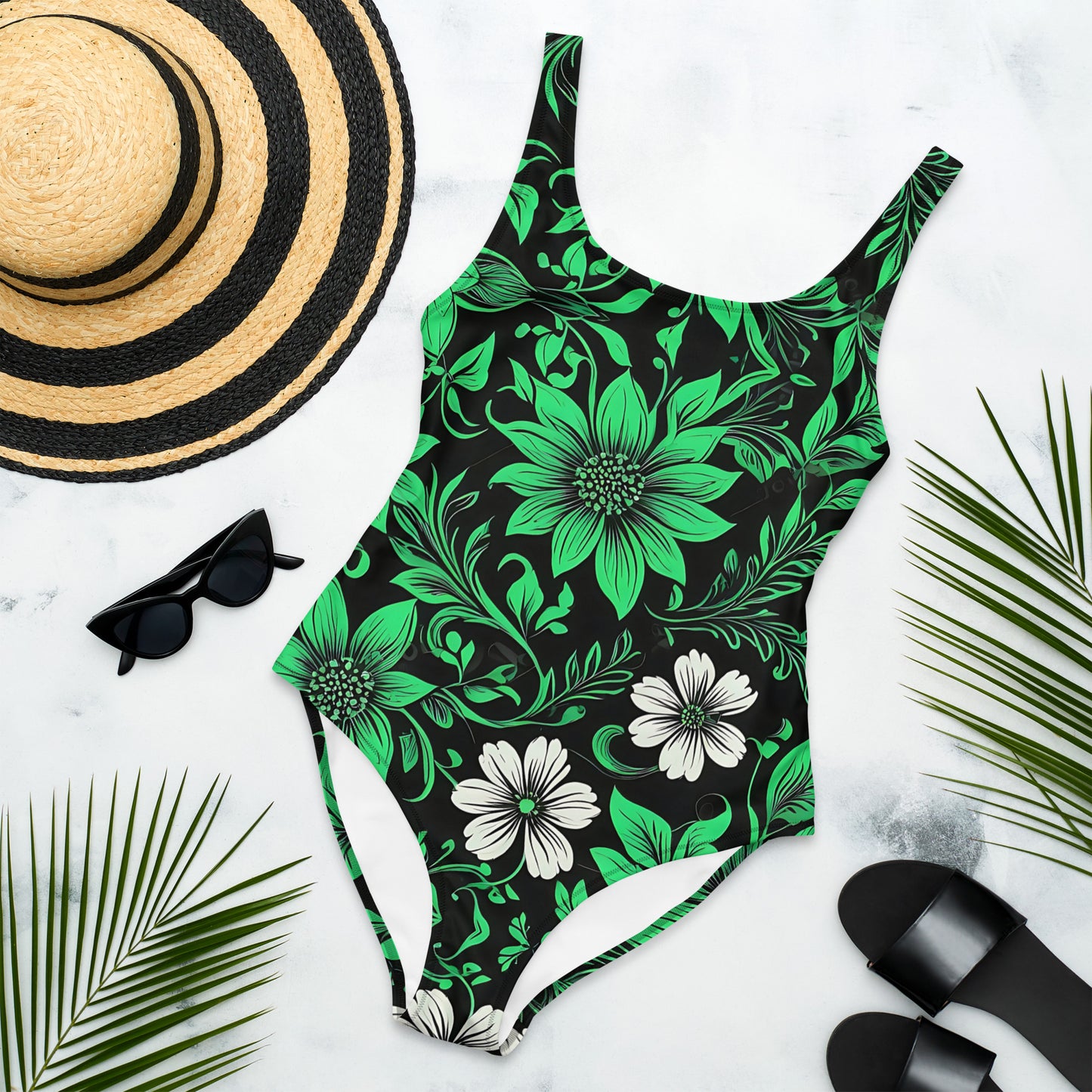 Green on Black Floral 1PC Swimsuit