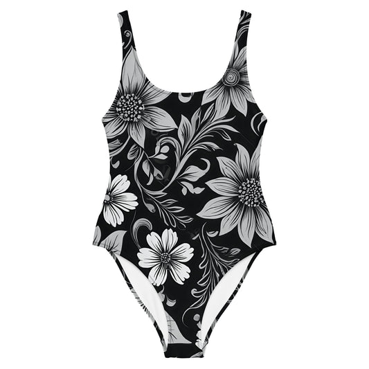 Black and White Floral 1PC Swimsuit