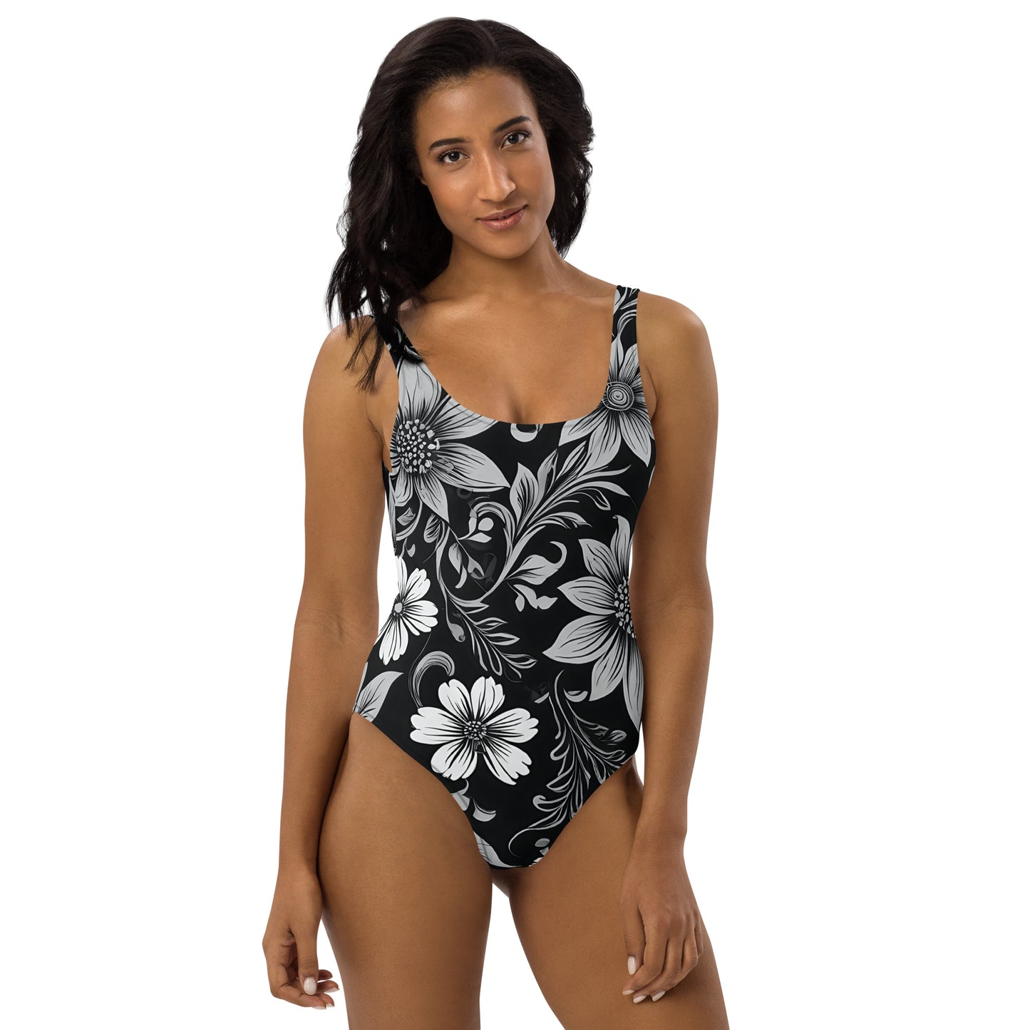 Black and White Floral 1PC Swimsuit