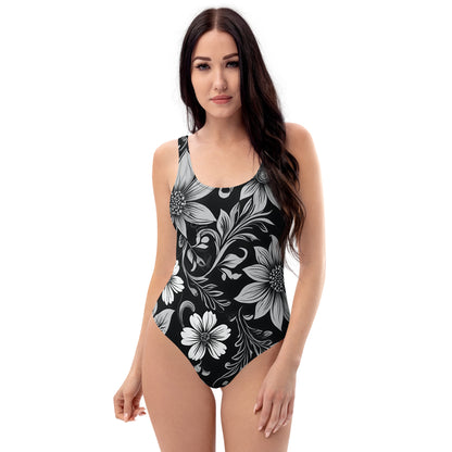 Black and White Floral 1PC Swimsuit