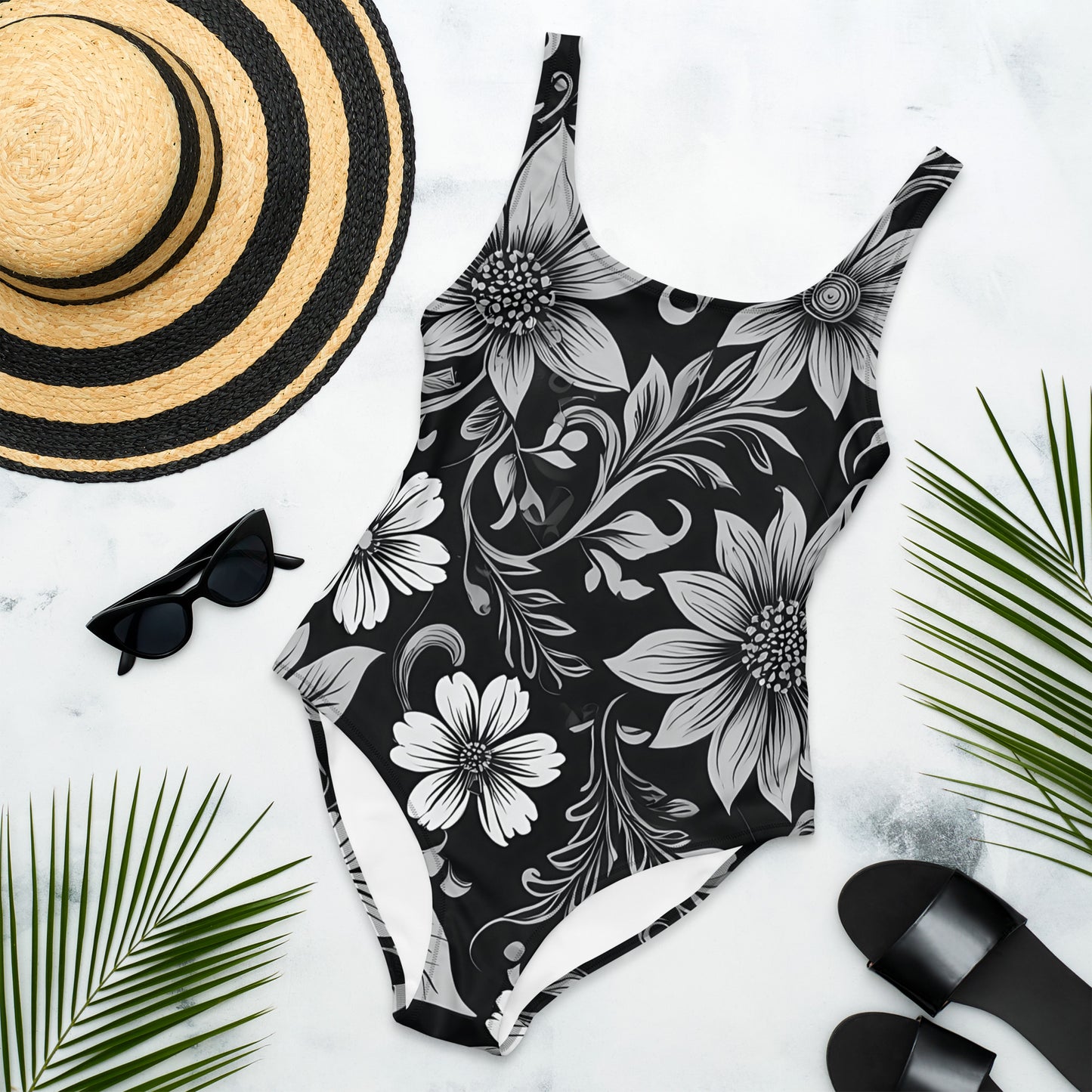 Black and White Floral 1PC Swimsuit