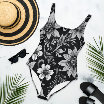 Black and White Floral 1PC Swimsuit