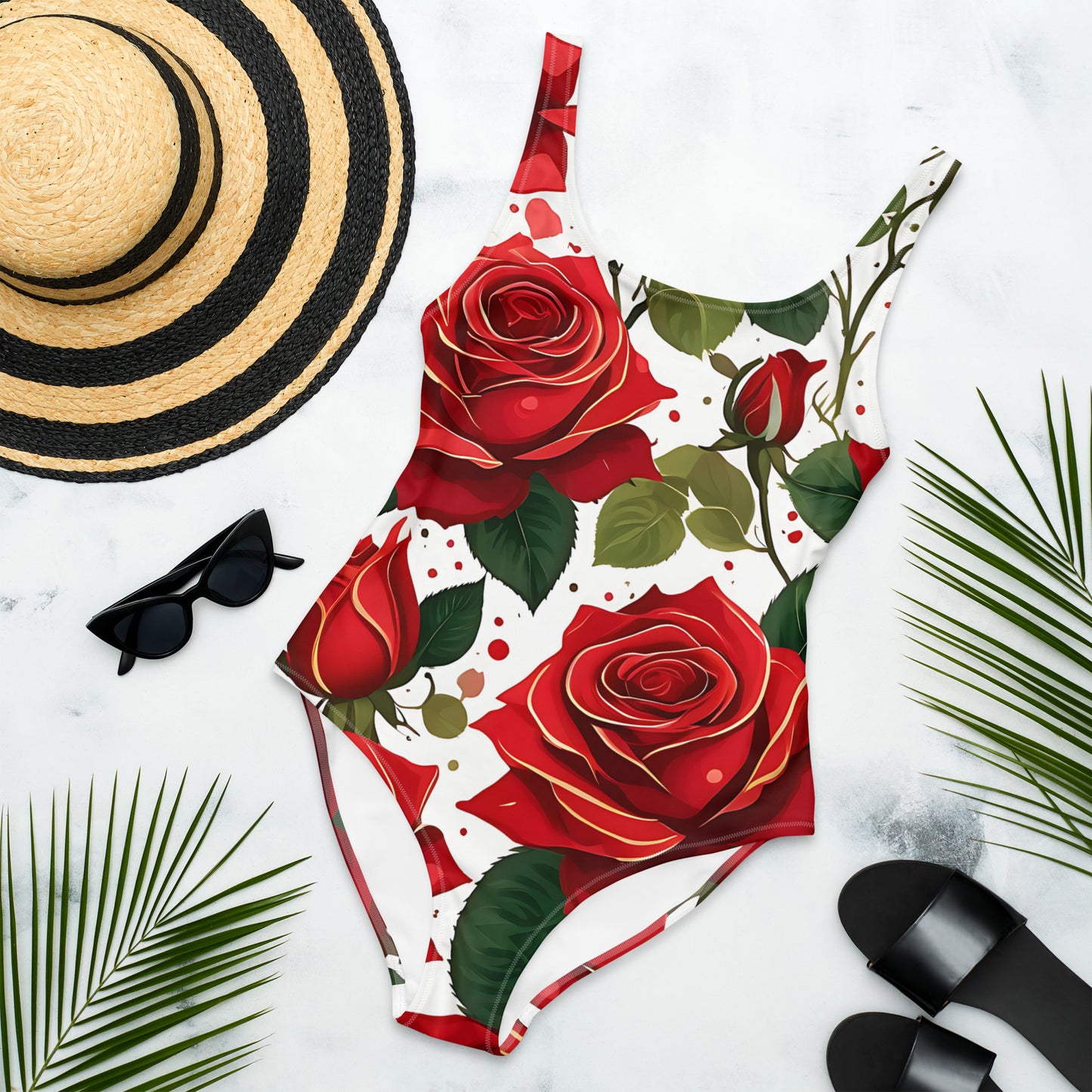 Red Roses Floral 1PC Swimsuit