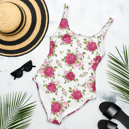 Pink Roses Floral 1PC Swimsuit