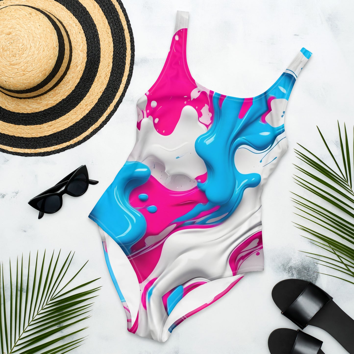 Blue and Pink Splash Art 1PC Swimsuit