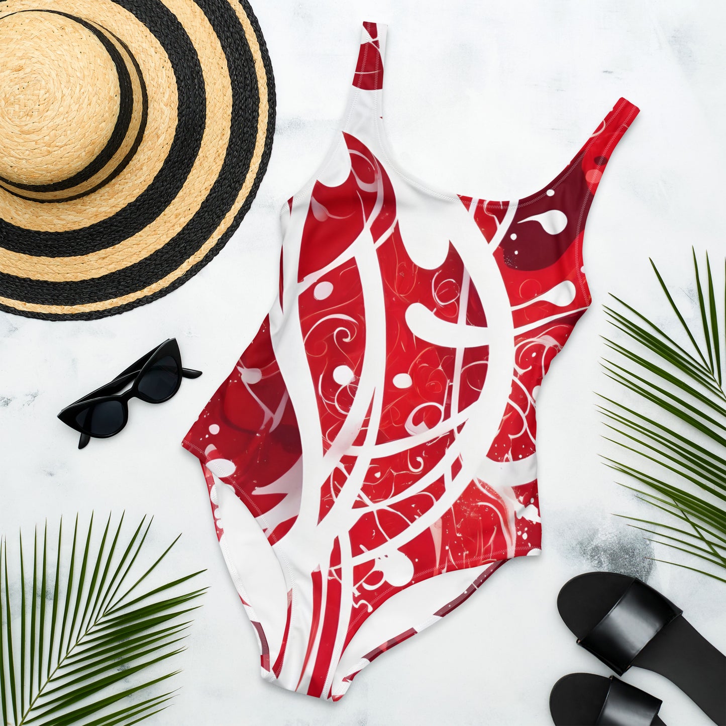 Red and White Splash Art 1PC Swimsuit