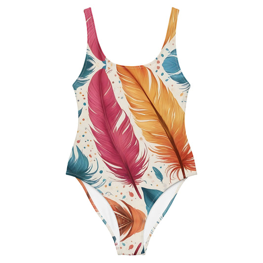 Feathers on White 1PC Swimsuit