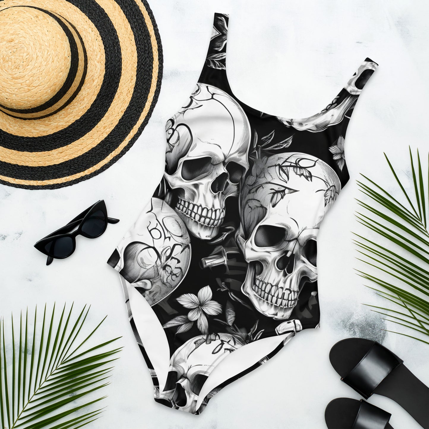 Skulls Dark 1PC Swimsuit