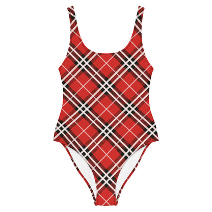 Red Plaid with White Stripes 1PC Swimsuit