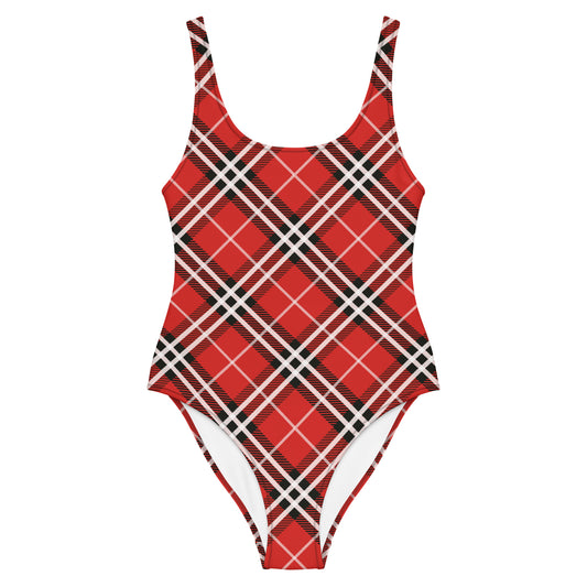 Red Plaid with White Stripes 1PC Swimsuit