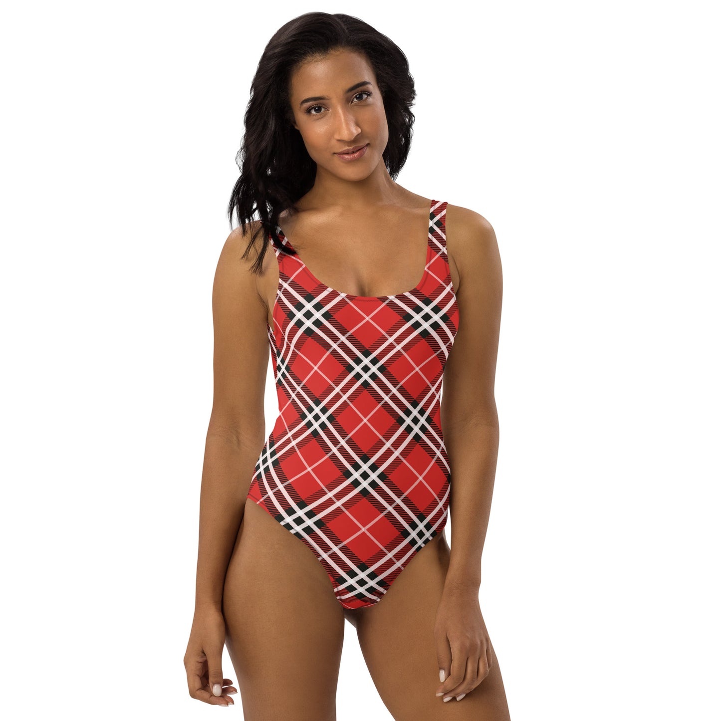 Red Plaid with White Stripes 1PC Swimsuit