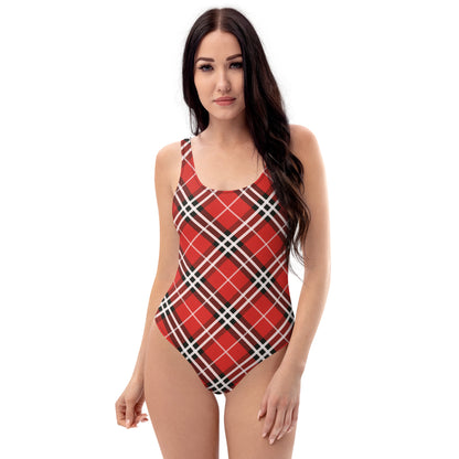 Red Plaid with White Stripes 1PC Swimsuit