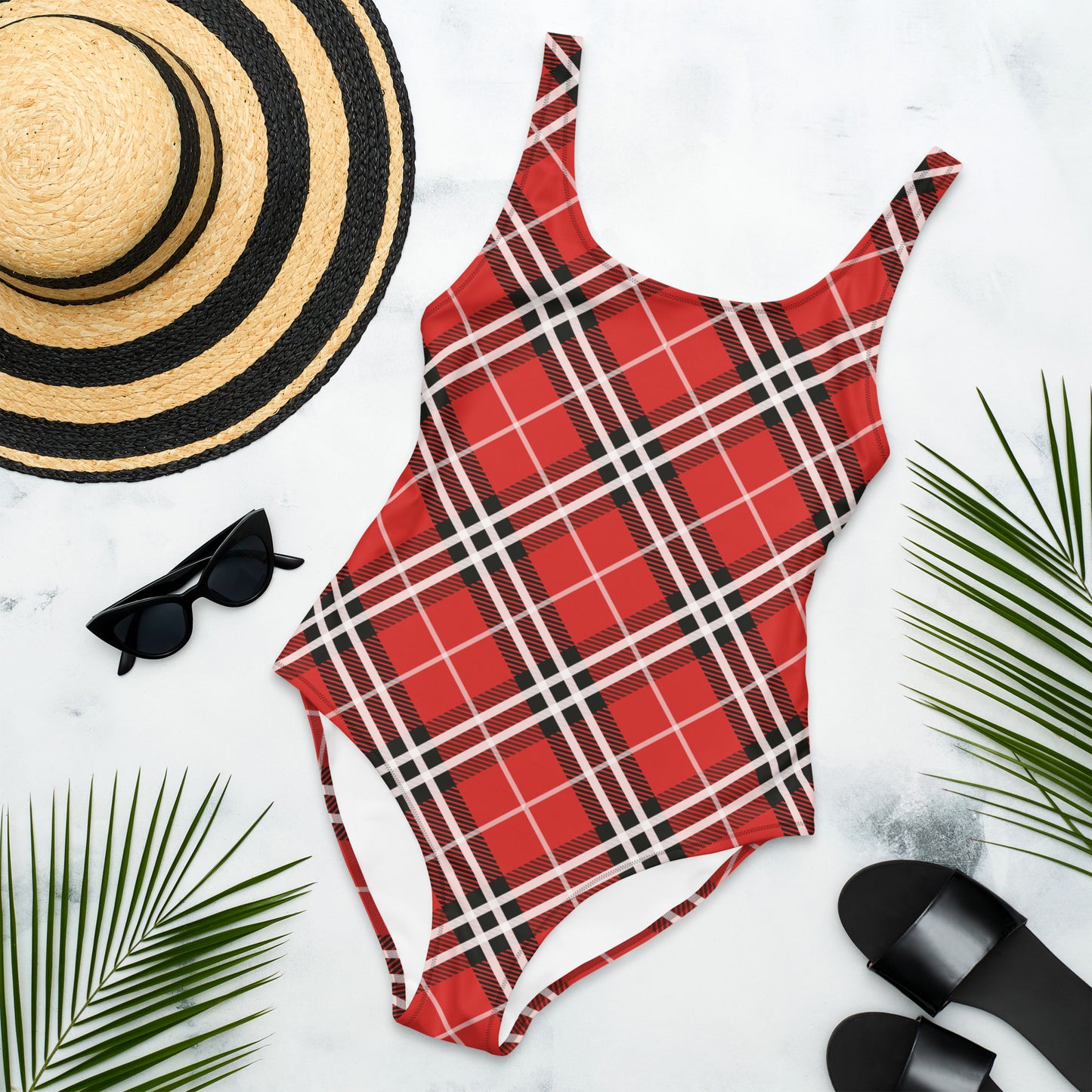 Red Plaid with White Stripes 1PC Swimsuit