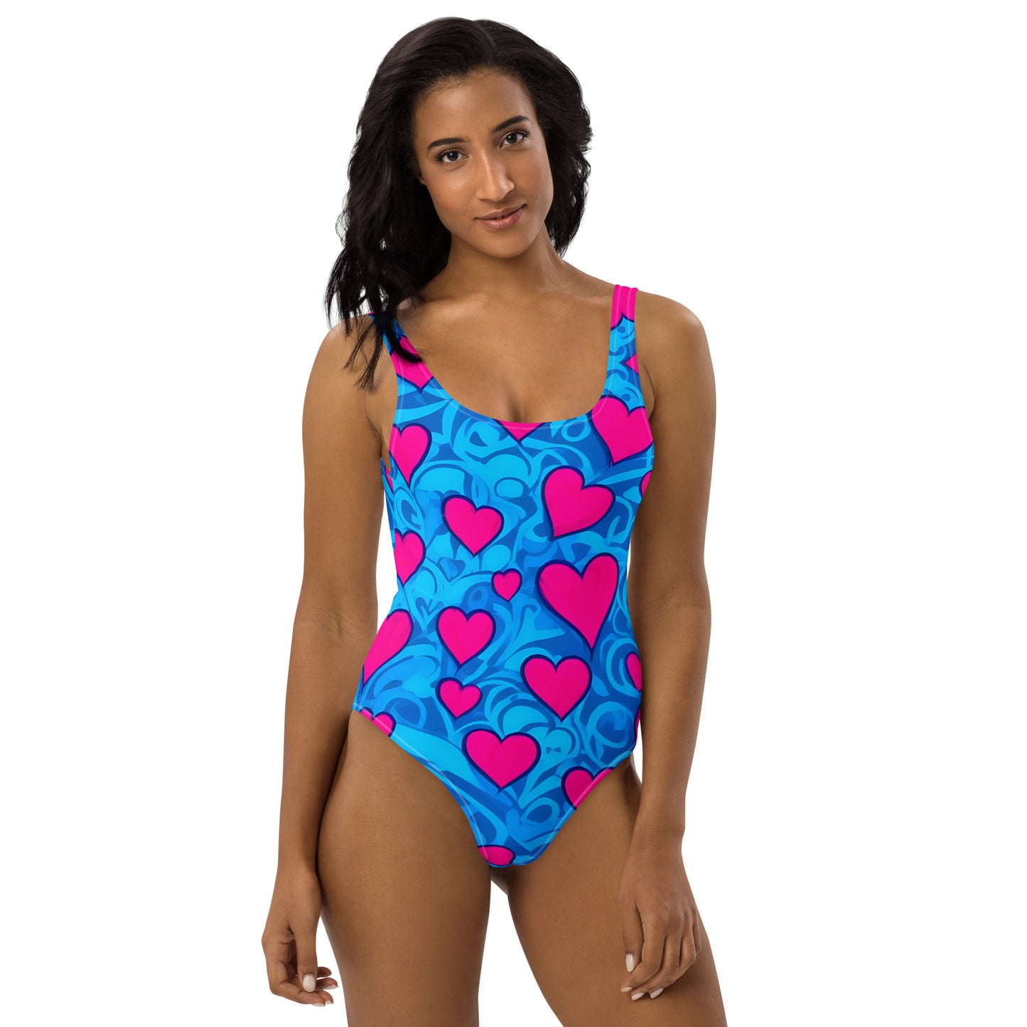 Pink Hearts on Blue 1PC Swimsuit