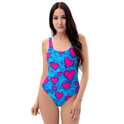 Pink Hearts on Blue 1PC Swimsuit