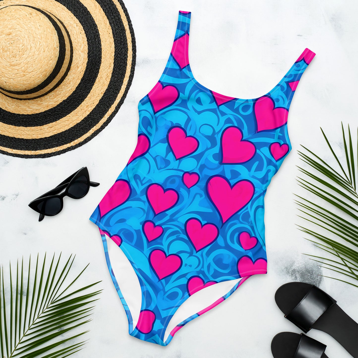 Pink Hearts on Blue 1PC Swimsuit