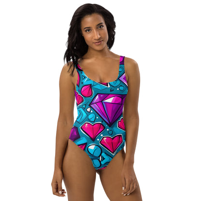 Colorful Diamond Hearts 1PC Swimsuit