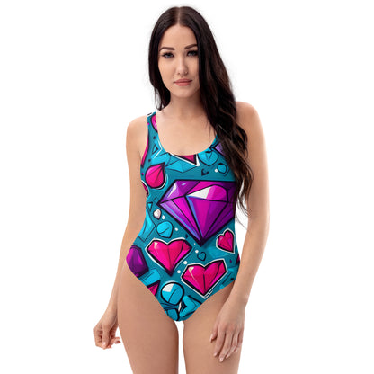 Colorful Diamond Hearts 1PC Swimsuit