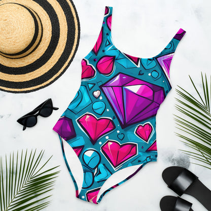 Colorful Diamond Hearts 1PC Swimsuit