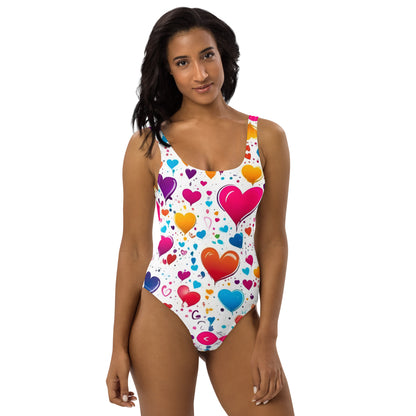 Colorful Hearts on White 1PC Swimsuit