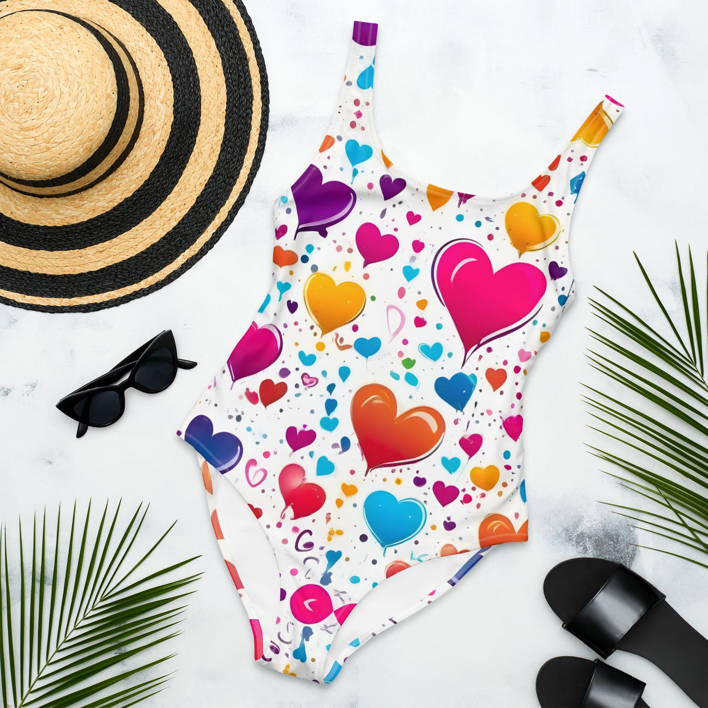 Colorful Hearts on White 1PC Swimsuit