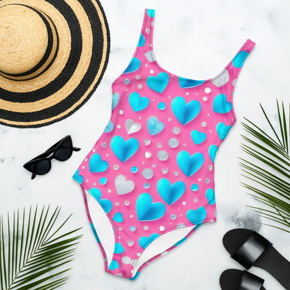 Cute Blue Hearts on Pink 1PC Swimsuit