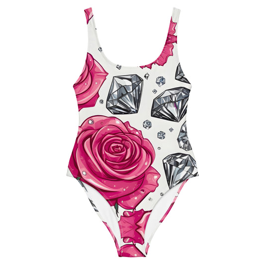 Roses and Diamonds on White 1PC Swimsuit