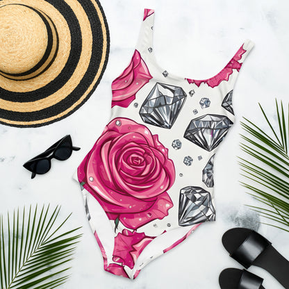 Roses and Diamonds on White 1PC Swimsuit