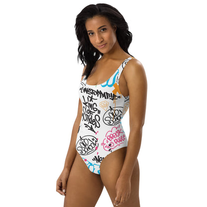 White Graffiti Art  1PC Swimsuit