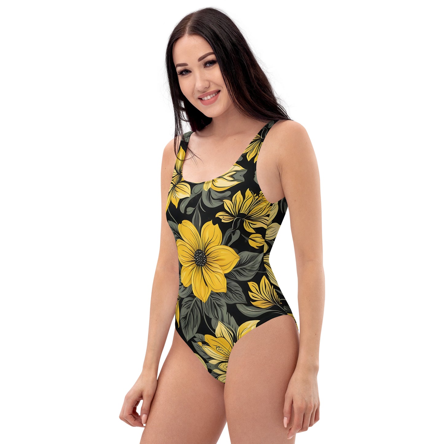 Black and Yellow Floral 1PC Swimsuit