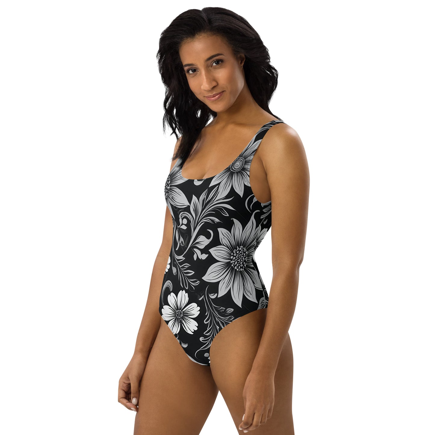 Black and White Floral 1PC Swimsuit