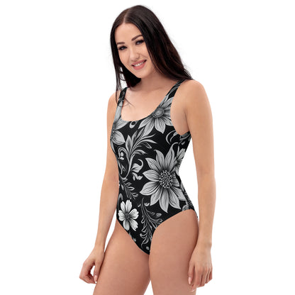 Black and White Floral 1PC Swimsuit