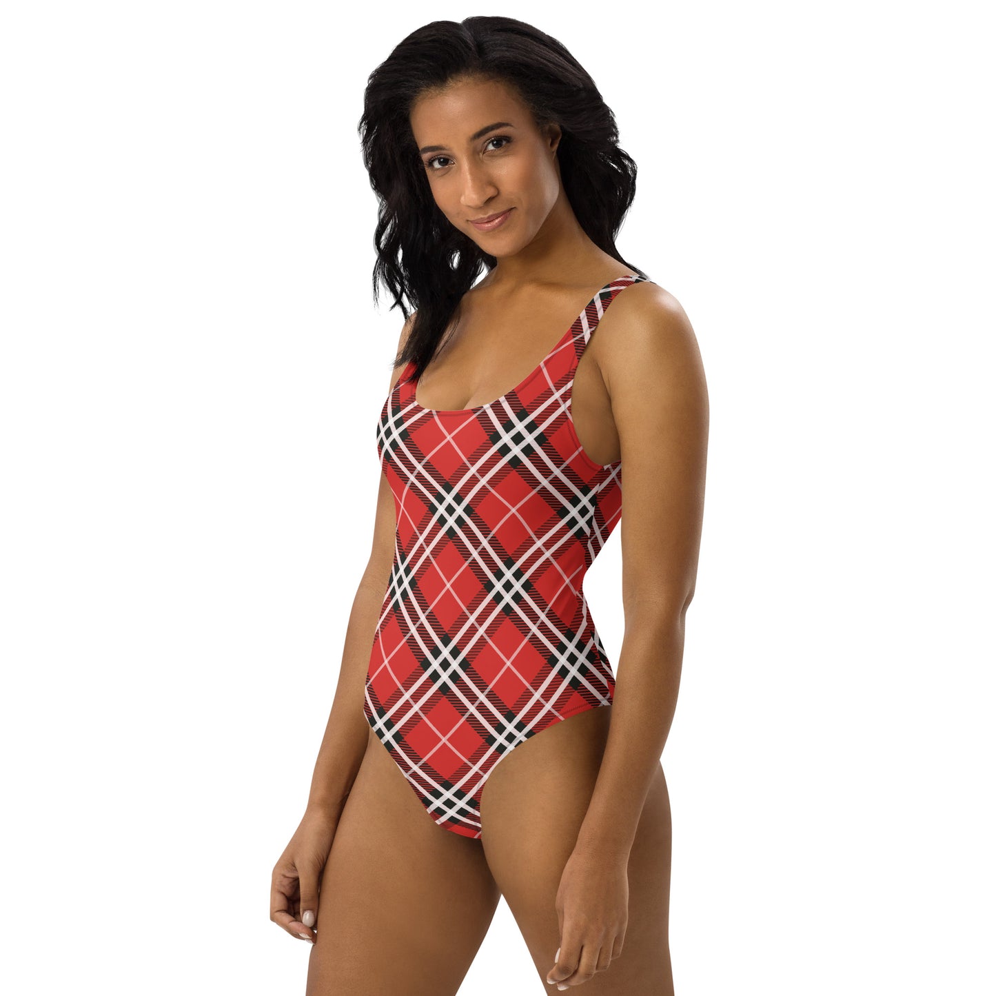 Red Plaid with White Stripes 1PC Swimsuit