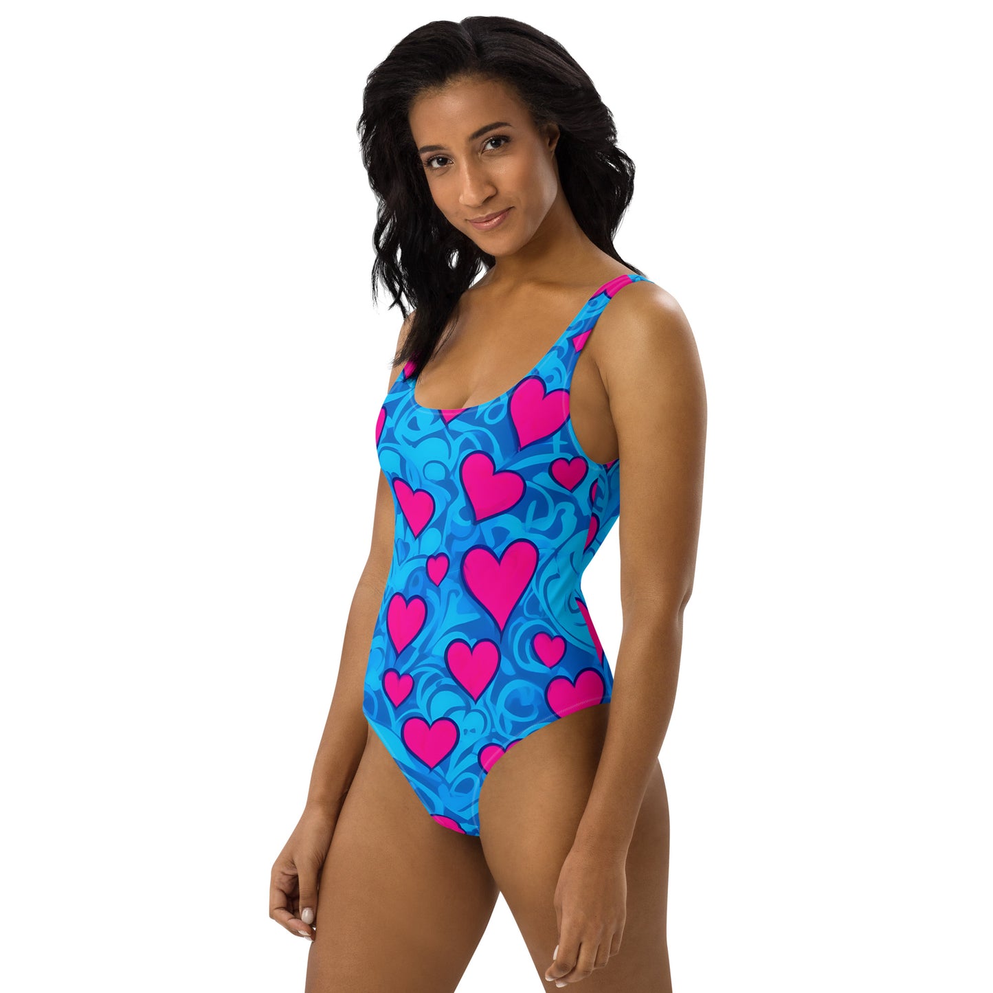 Pink Hearts on Blue 1PC Swimsuit