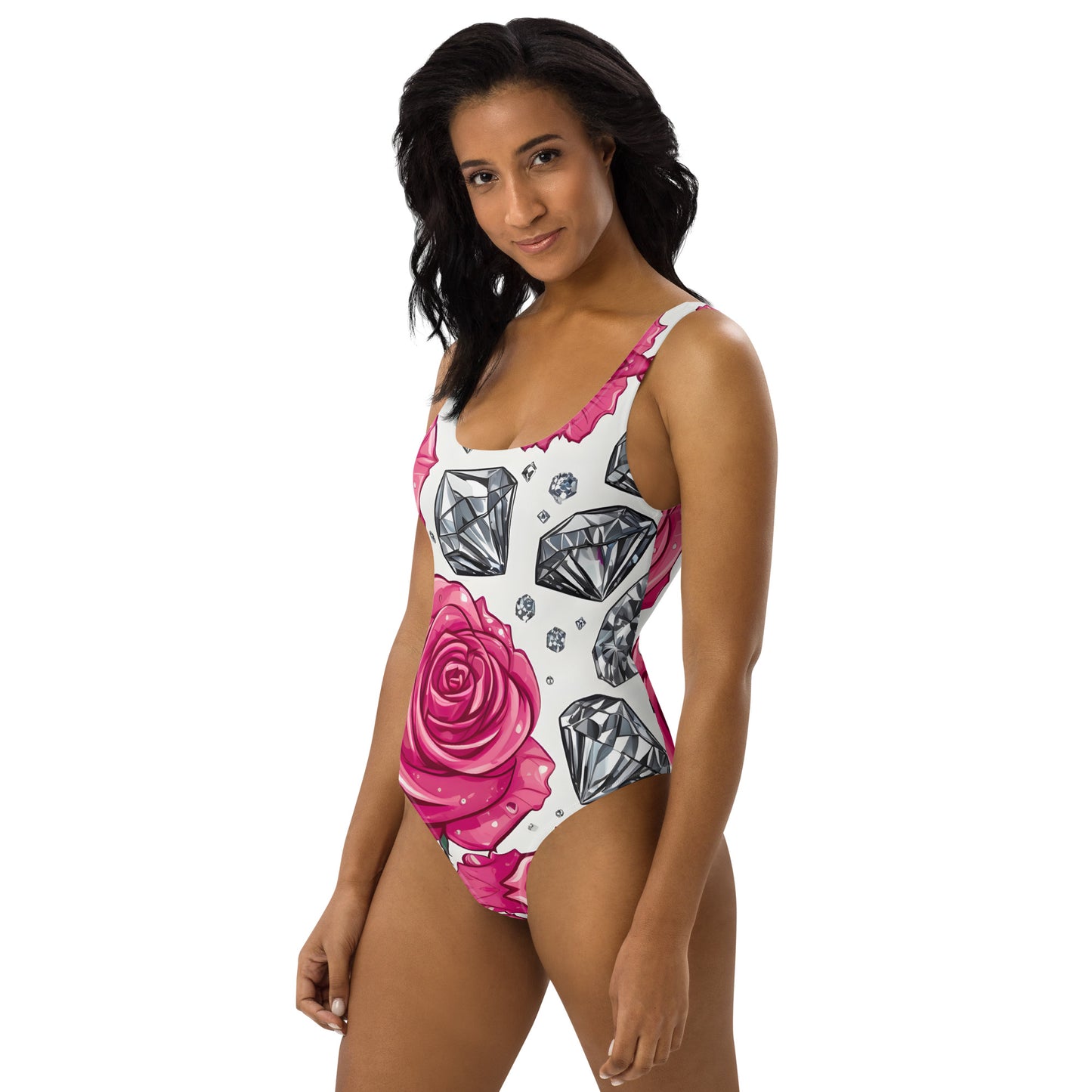 Roses and Diamonds on White 1PC Swimsuit